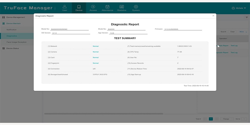 Device diagnostic in Aratek TruFace manager access control platform