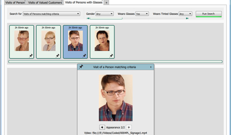 Users can find a person enrolled in an image database or search for an unknown person and locate their appearances in multiple videos