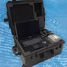 LiveScan Jumpkit is made up of MorphoTop fingerprint scanner, travel document machine readable zone reader, face capture camera, laptop, and rechargeable battery 