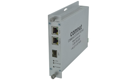 This media converter features two TX input ports and a single SFP port