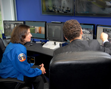 Astronaut Nicole Passonno Stott participates in a Q&A session with IndigoVision employees