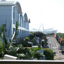 View of Durban Stadium in South Africa, taken from Durban Railway station featuring Sony HD CCTV cameras