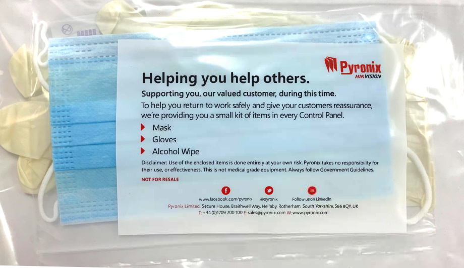 Pyronix provides a small hygiene kit with every control panel to ensure installers safety during COVID-19 pandemic