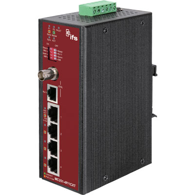 IFS MC250-4T/1CXT  4-Port Ethernet to Coax/TP Industrial Media Converter