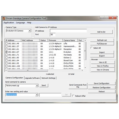 Oncam Camera Configuration Tool for viewing, controlling, and configuring Oncam cameras