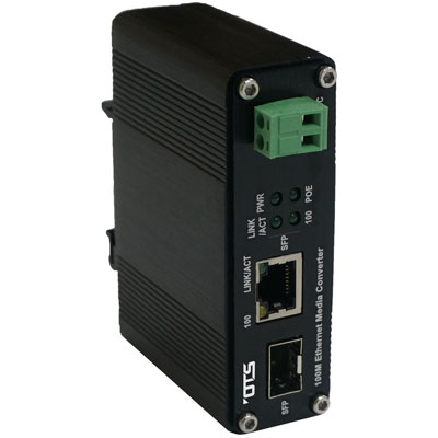 OT Systems ET111PpH-S-DR hardened 100Base-TX (PoE+) to 100Base-FX SFP Ethernet media converter