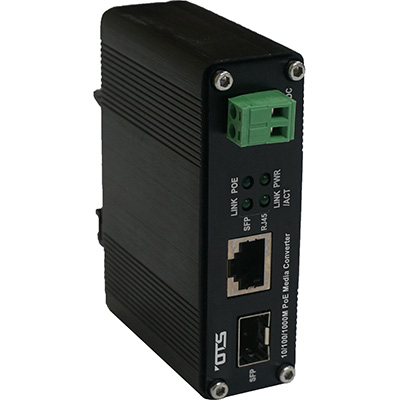 OT Systems ET1212PpH-S-DR hardened 10/100/1000Base-TX (PoE+) to 1000Base-FX SFP Ethernet media converter