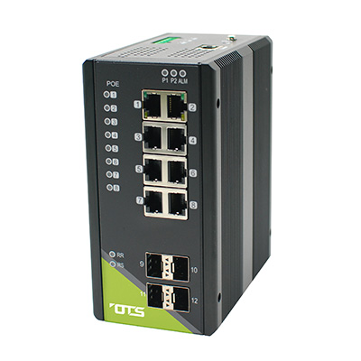 OT Systems IET8242MPpH-S-DR hardened 8-port 10/100/1000Base-TX (PoE+) + 4-port 100/1000Base-FX SFP Ethernet Switch